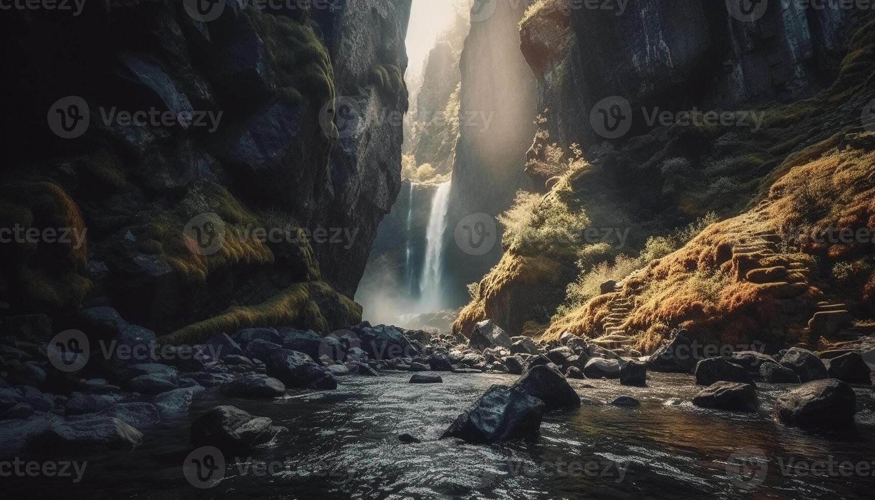 Majestic mountain range, tranquil ravine flowing water generated by AI photo