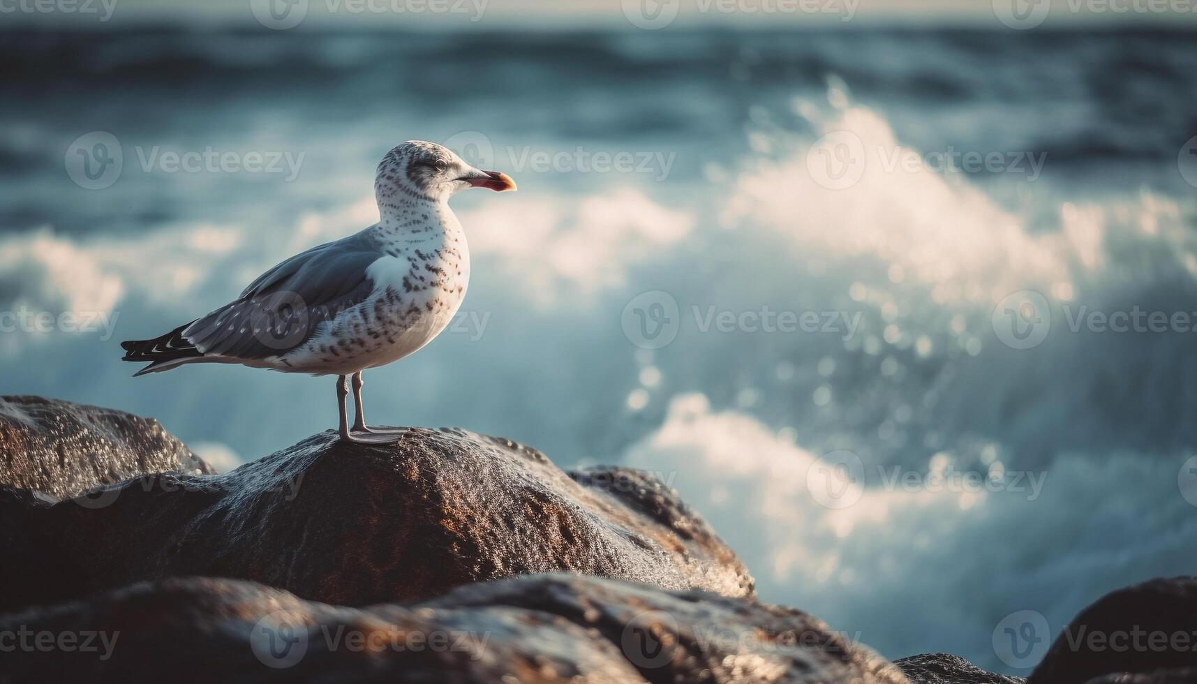 Gaviota en pie en roca, libertad en naturaleza generado por ai foto