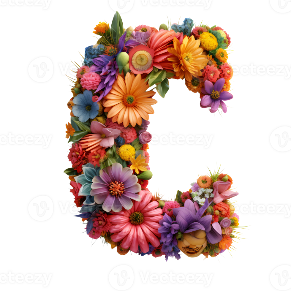 flower letter C made from colorful flower, generated png