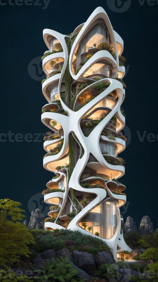 Landscape of a sci-fi futuristic architecture style vertical village residential building in nature, surrounded by lush deciduous vegetation, at midnight - Illustration photo