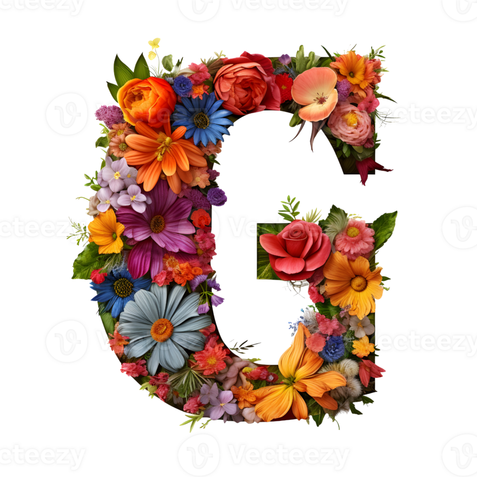 Letter G made of flowers and leaves, Flower font, generated png