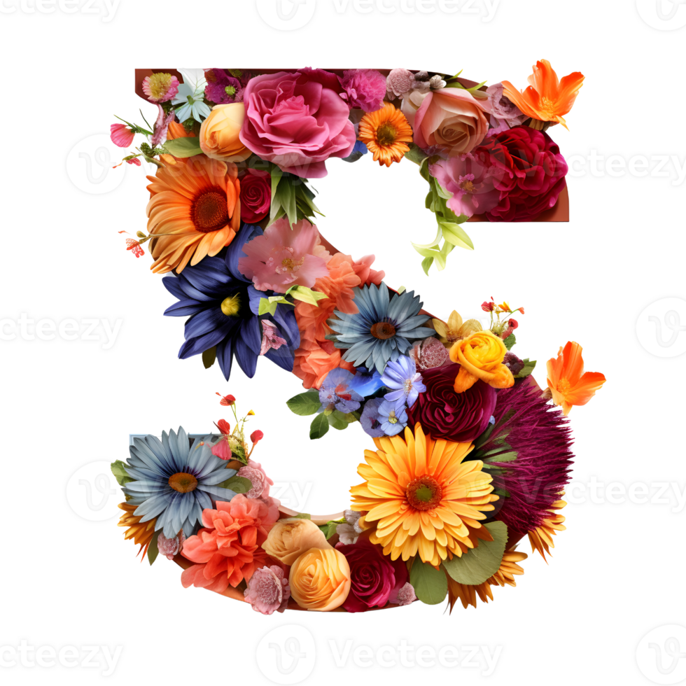 Letter S made of flowers and leaves, Flower font, generated png