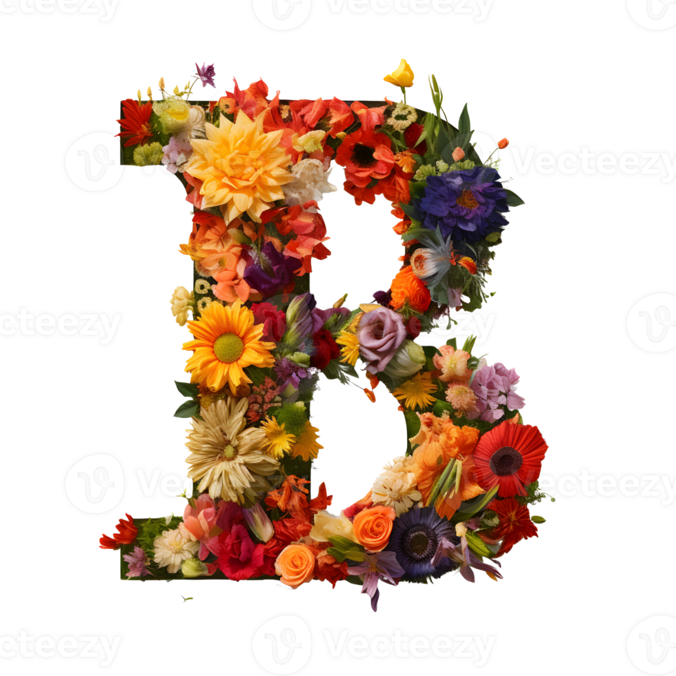 Letter B made of flowers and leaves, Flower font, generated png
