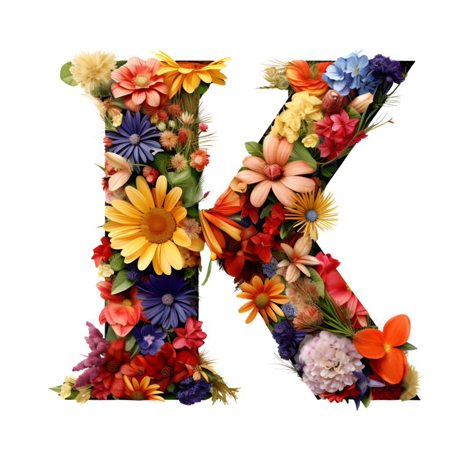 flower letter K made from colorful flower, generated png