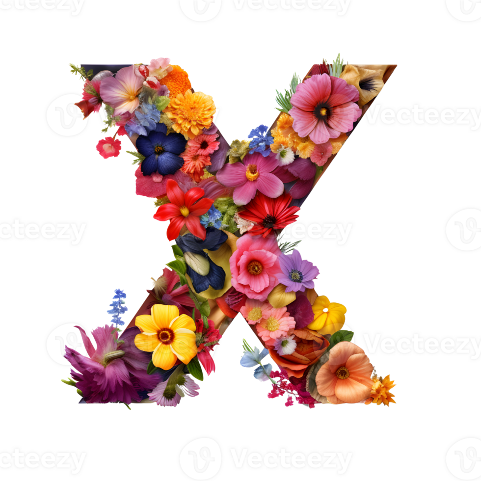 Flower font Alphabet X, made of flowers, generated png