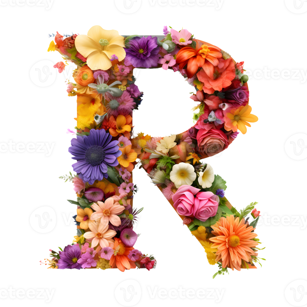 Flower font Alphabet R, made of flowers, generated png