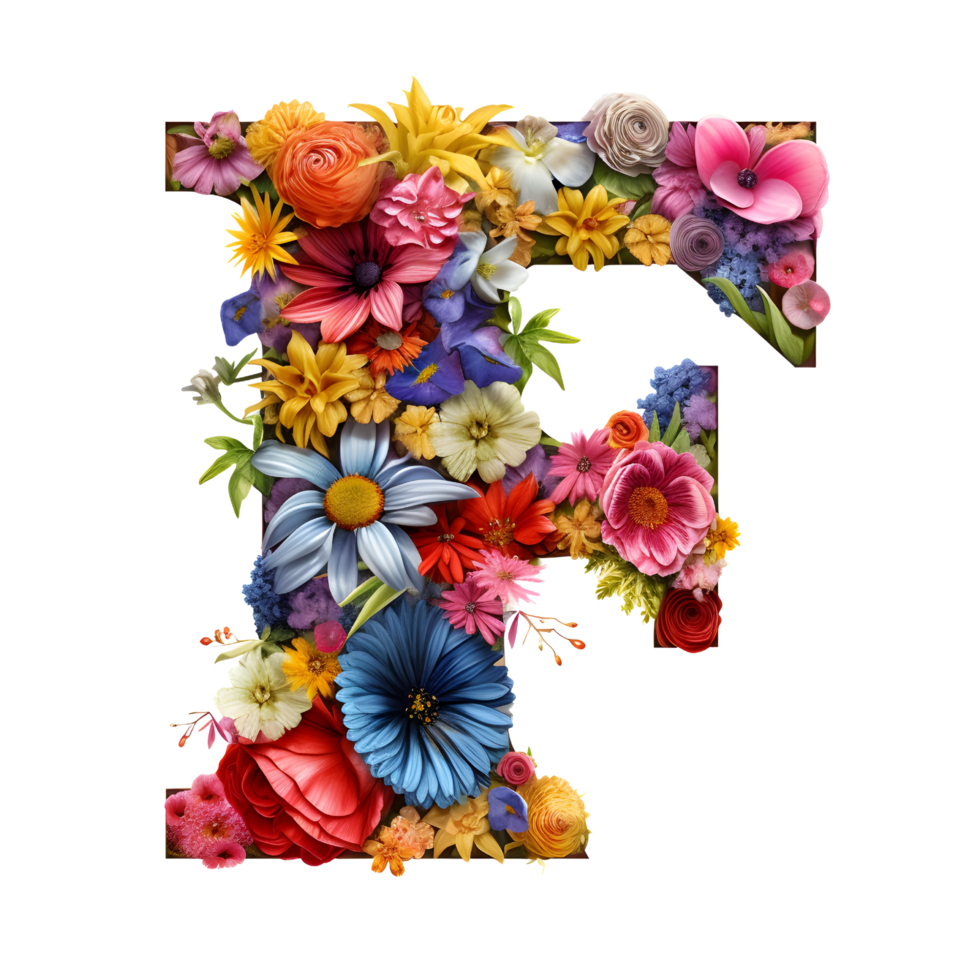 alfabeto F hecho de flores, conjunto de flor flora fuente, generativo ai generado png