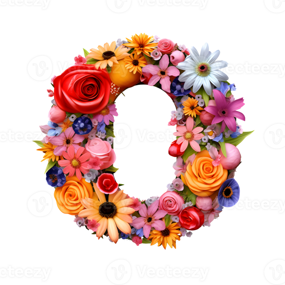 Flower font Alphabet O, made of flowers, generated png