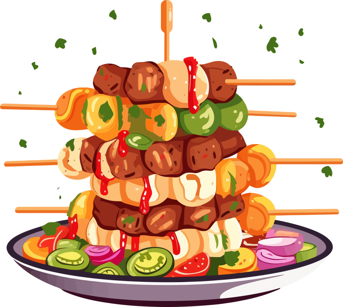 Turkish kebab and vegetables combination with wooden skewers on a plate png