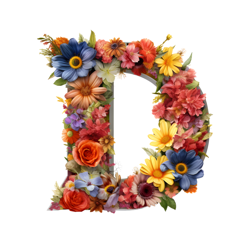 Blumen- Alphabet, Brief D, Blumen- Typografie, generativ ai generiert png