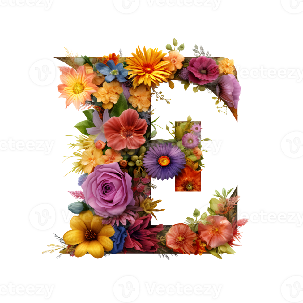 flower letter E made from colorful flower, generated png