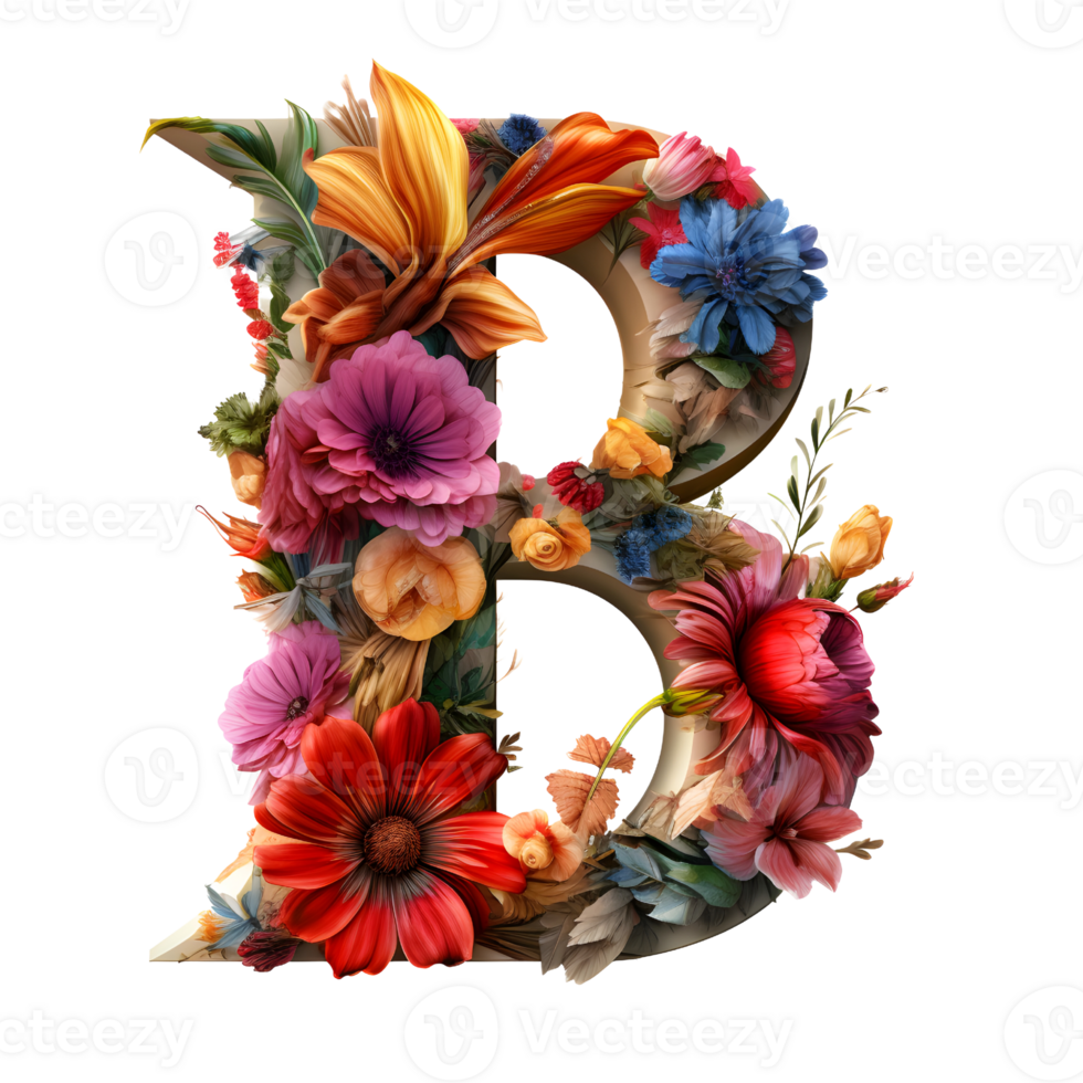 alphabet B made of flowers, Set of flower flora font, generated png