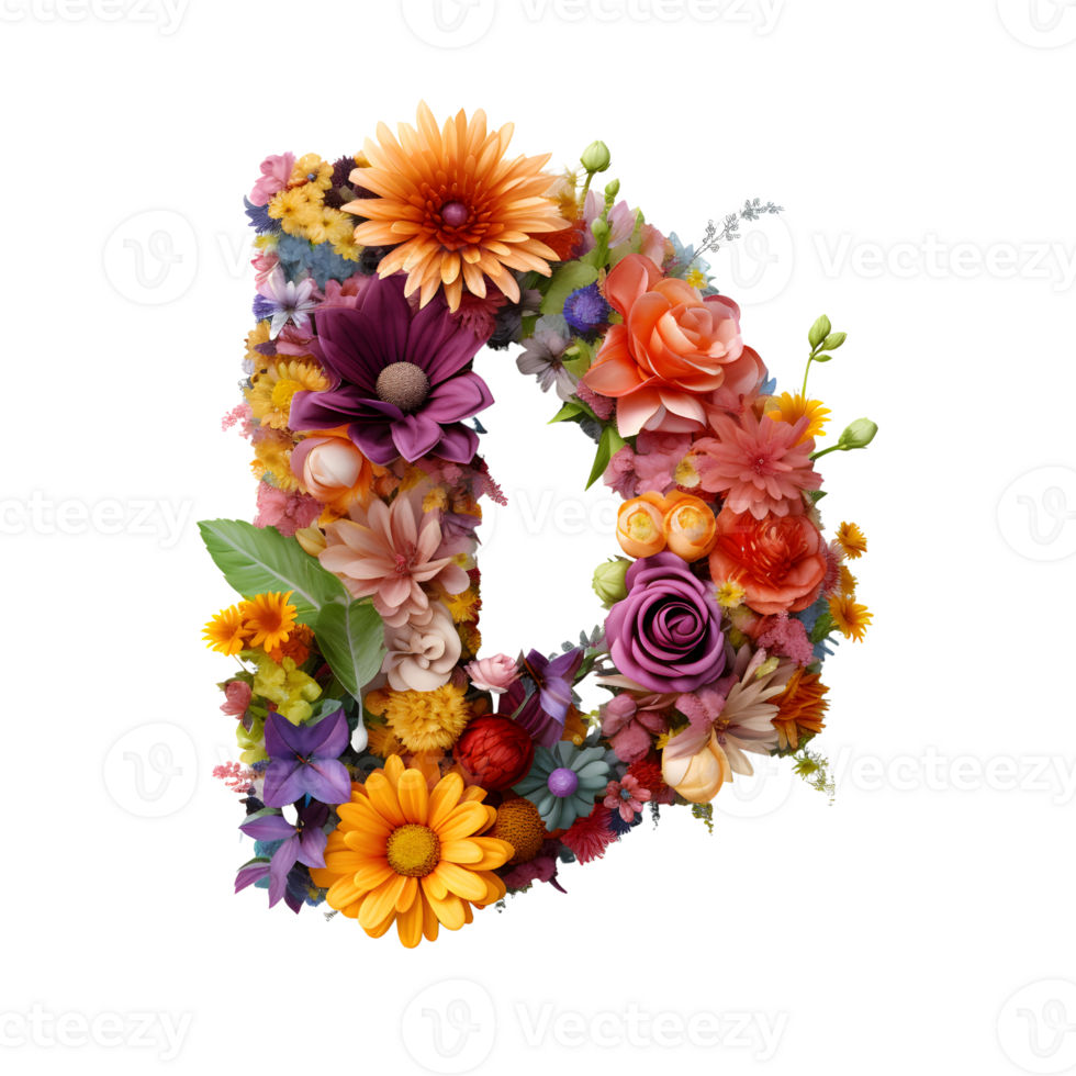 Letter D made of flowers and leaves, Flower font, generated png