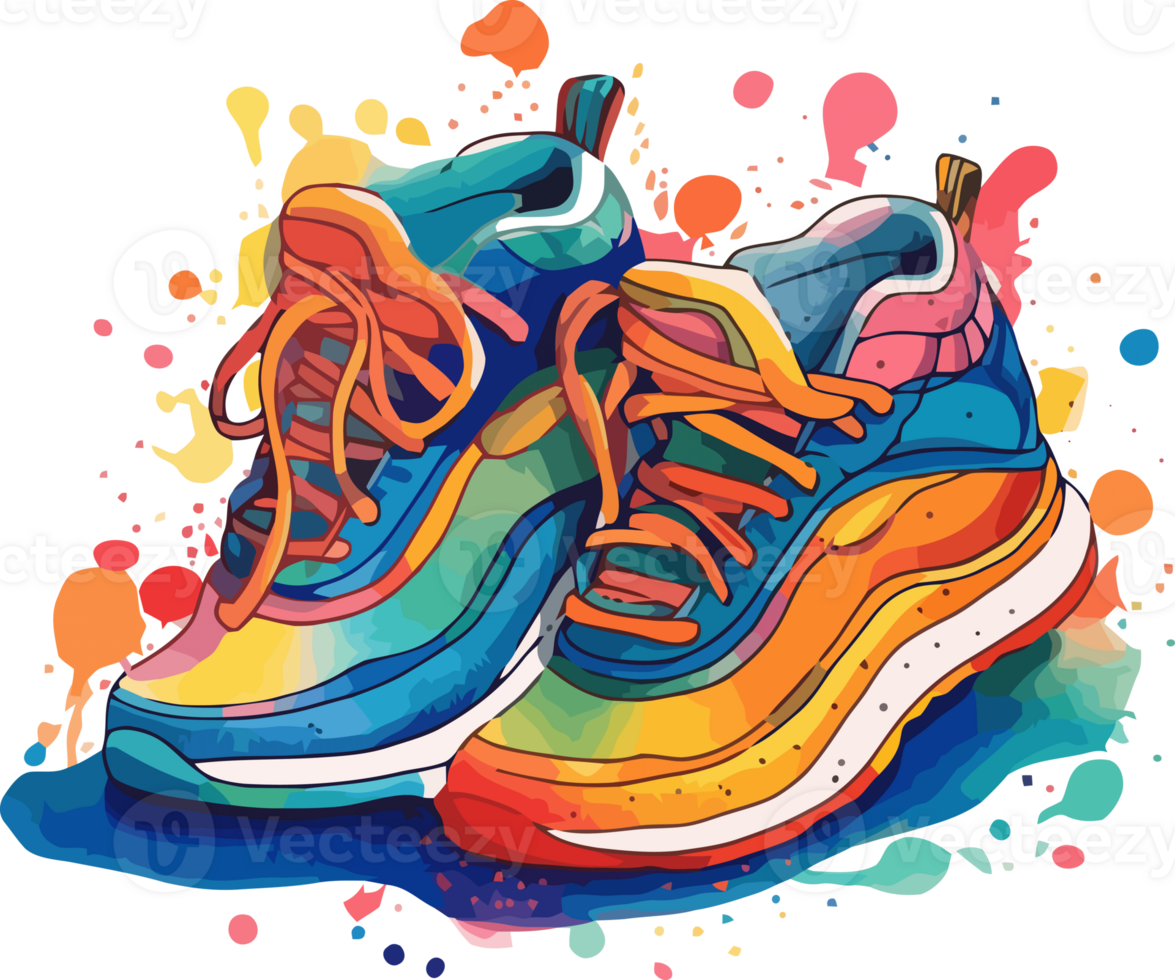 Vibrant Hand Drawn Watercolor Sneaker Art with Splash Effect png