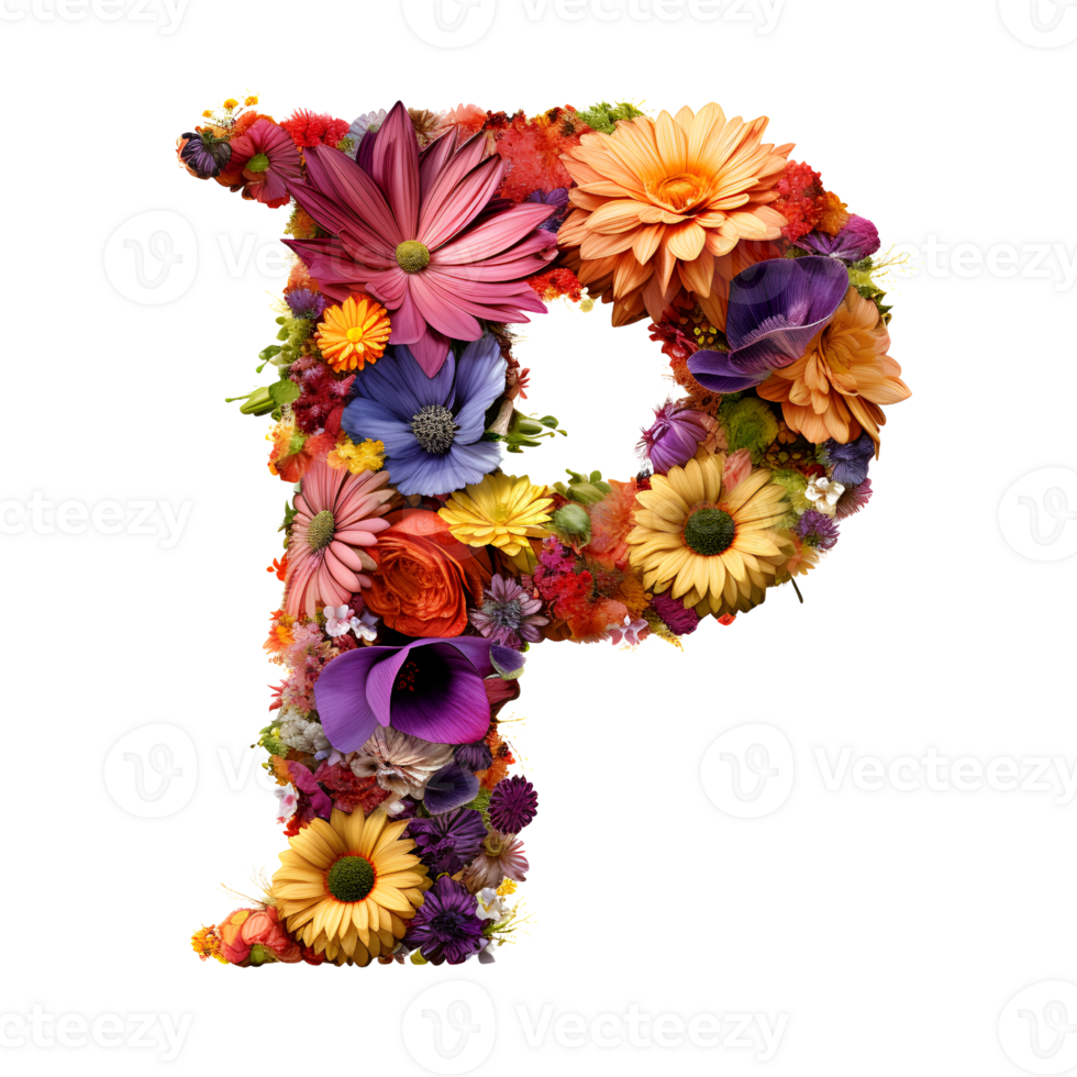 bloemen alfabet, brief p, bloemen typografie, generatief ai gegenereerd png