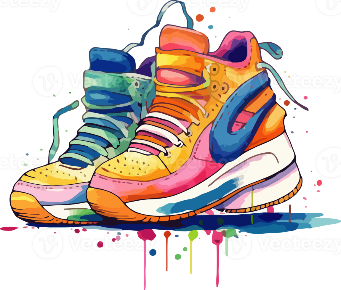 hedendaags waterverf sneaker kunst, levendig kleuren met plons stijl ai generatief png