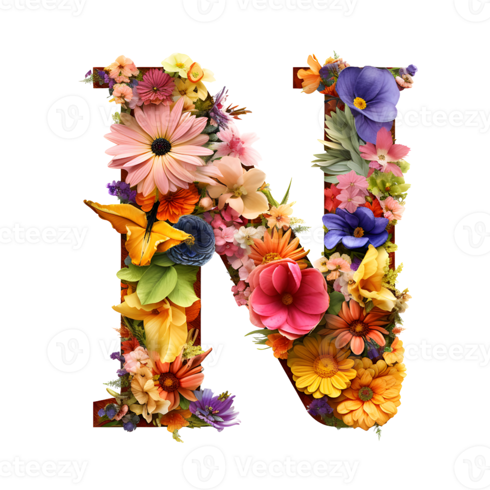 Letter N made of flowers and leaves, Flower font, generated png