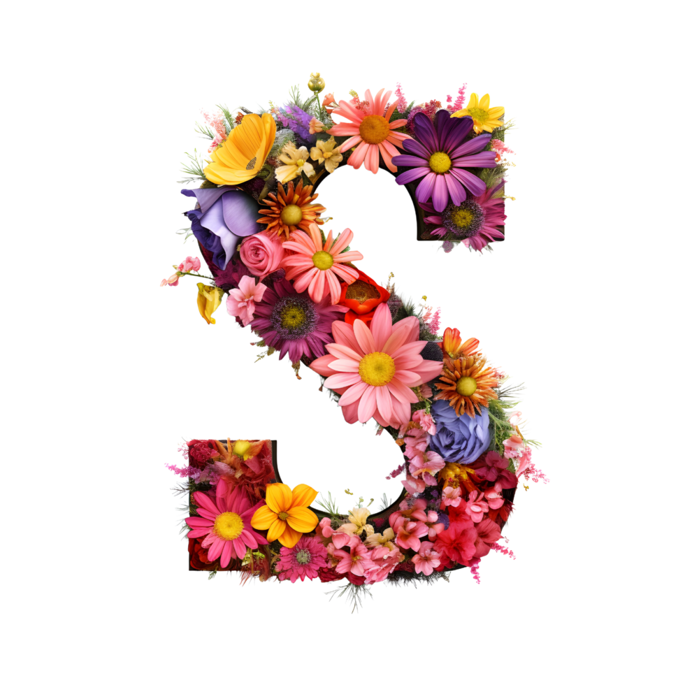 flower letter S made from colorful flower, generated png