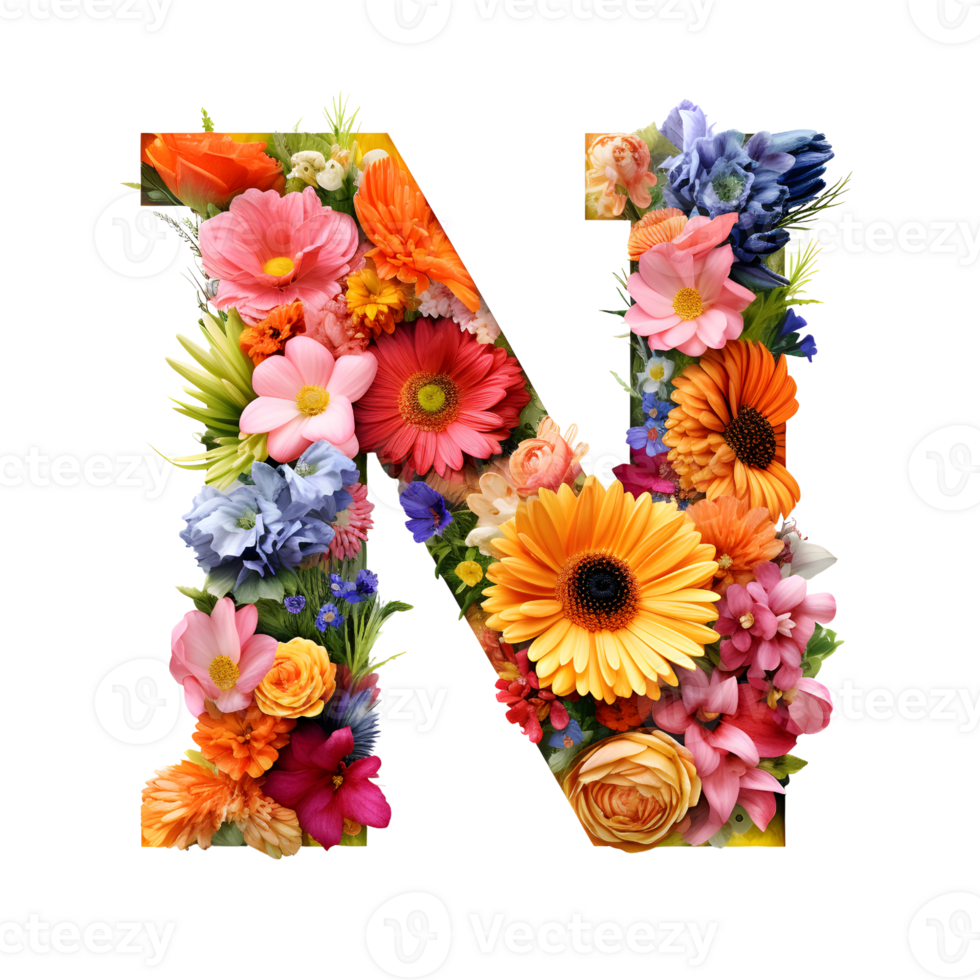 Flower font Alphabet N, made of flowers, generated png
