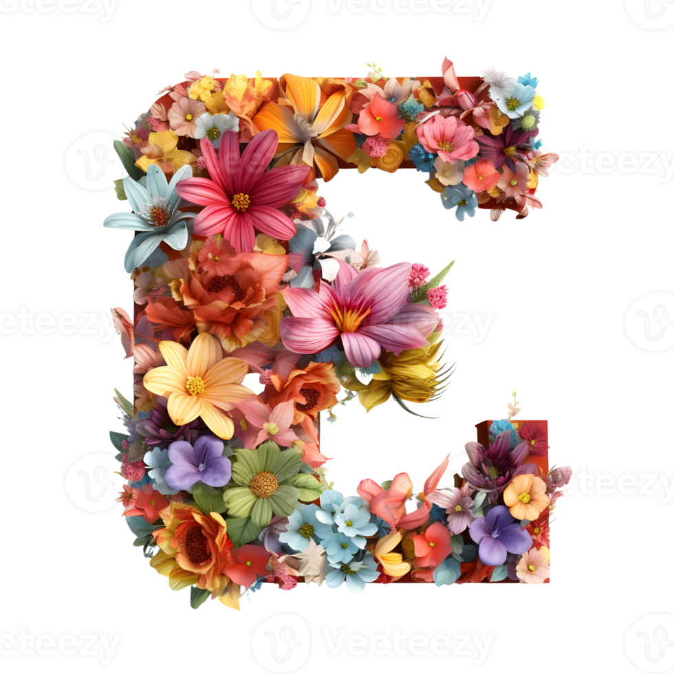 Letter E made of flowers and leaves, Flower font, generated png