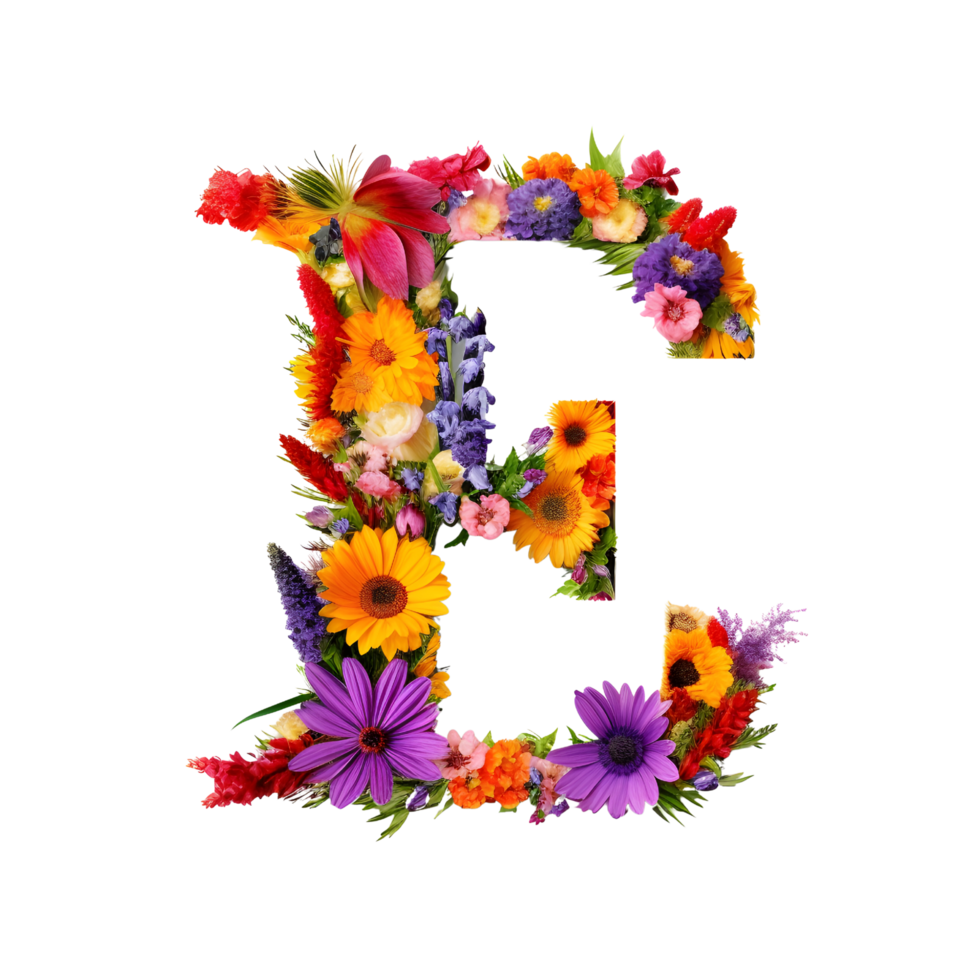 fiore font alfabeto e, fatto di fiori, generativo ai generato png