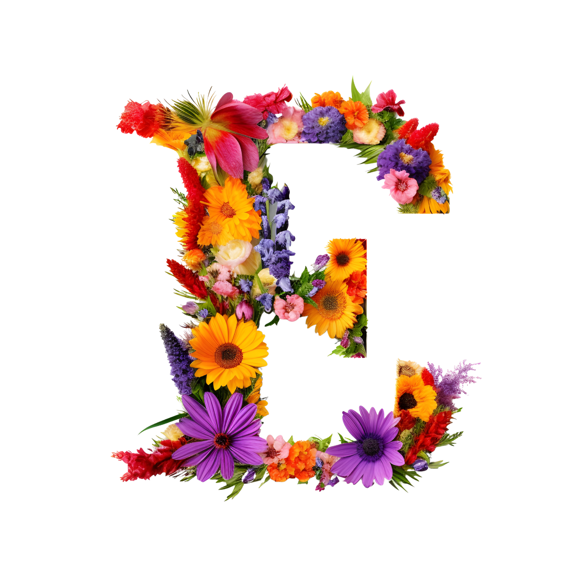 Flower font Alphabet E, made of flowers, generated 24639138 PNG