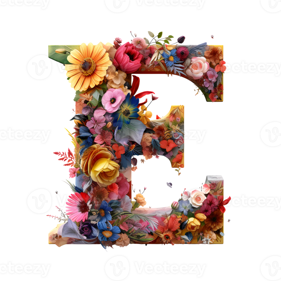 alphabet E made of flowers, Set of flower flora font, generated png