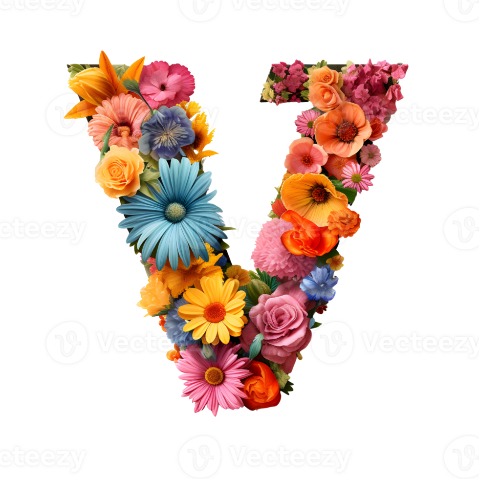 alphabet V made of flowers, Set of flower flora font, generated png