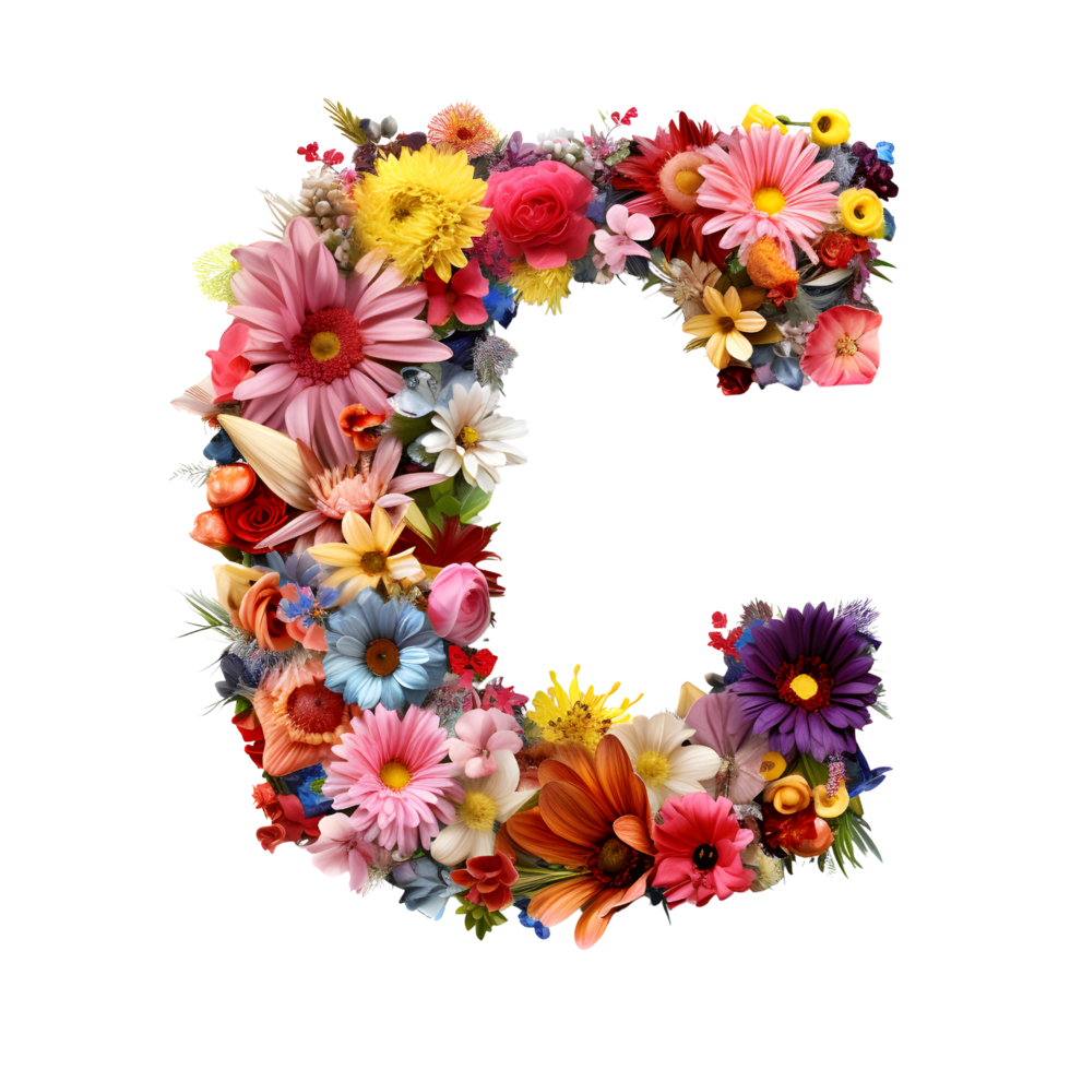 Flower font Alphabet C, made of flowers, generated png