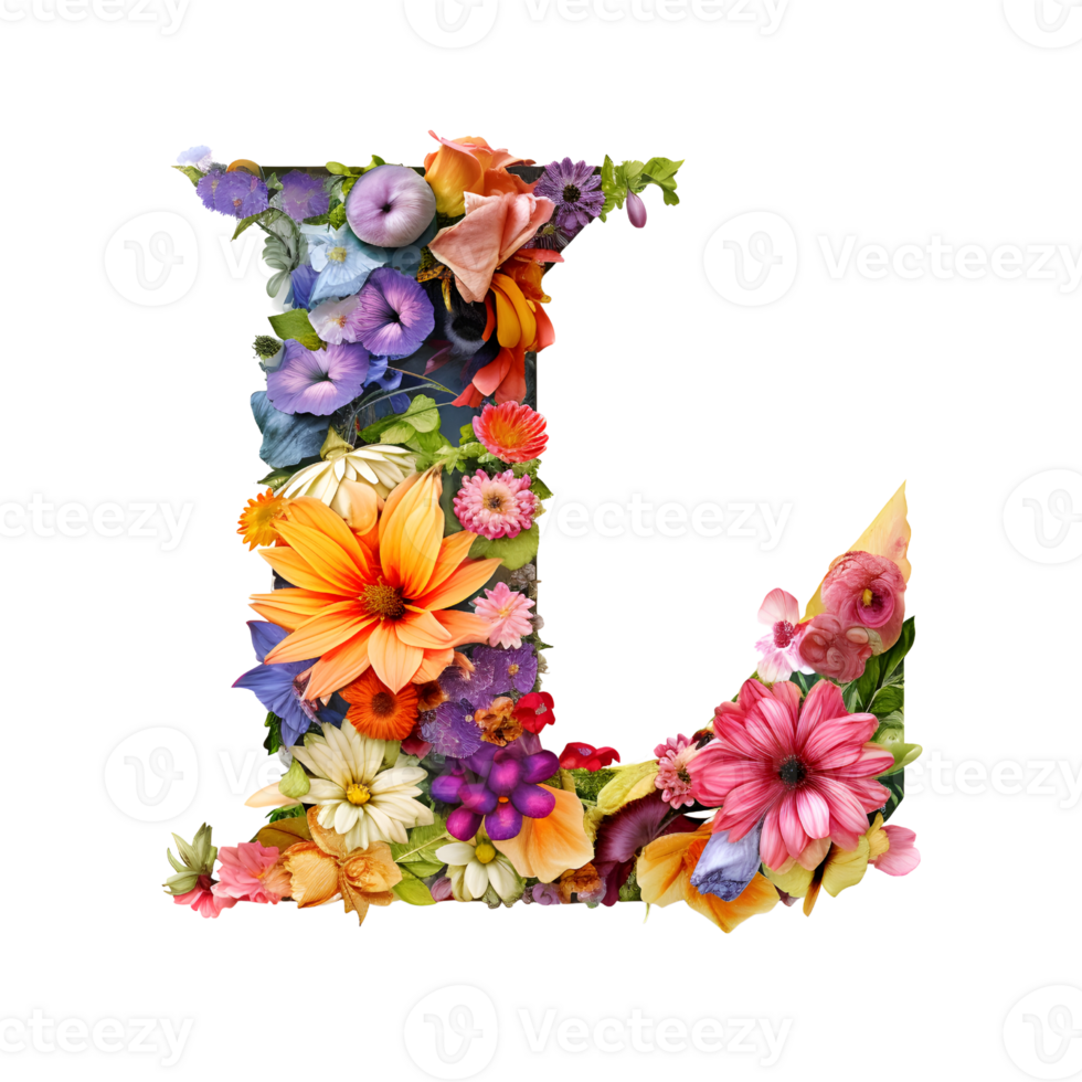 Flower font Alphabet L, made of flowers, generated png
