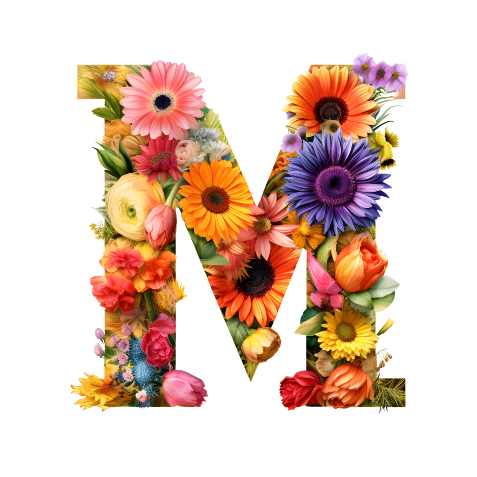 flower letter M made from colorful flower, generated png