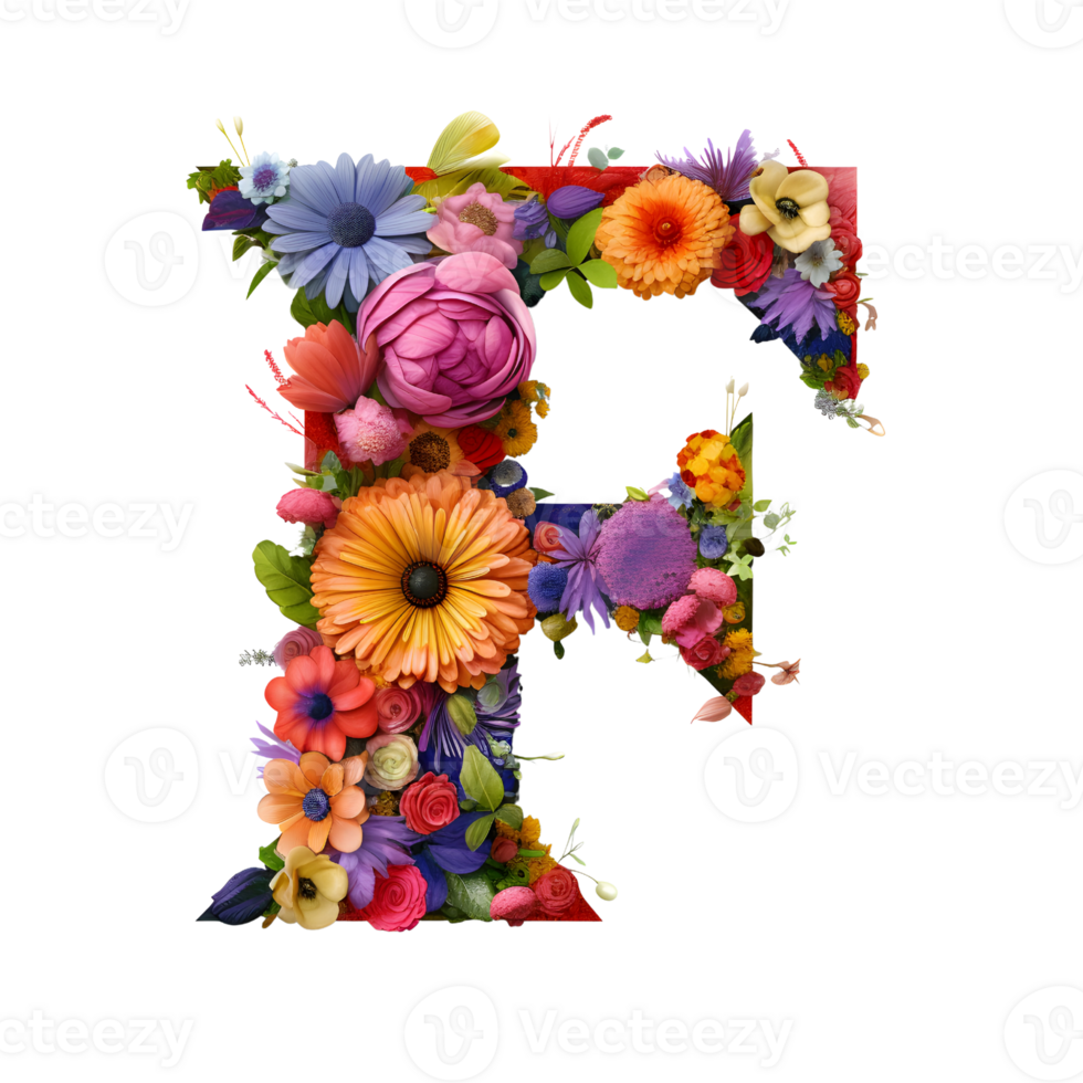 Flower font Alphabet F, made of flowers, generated png