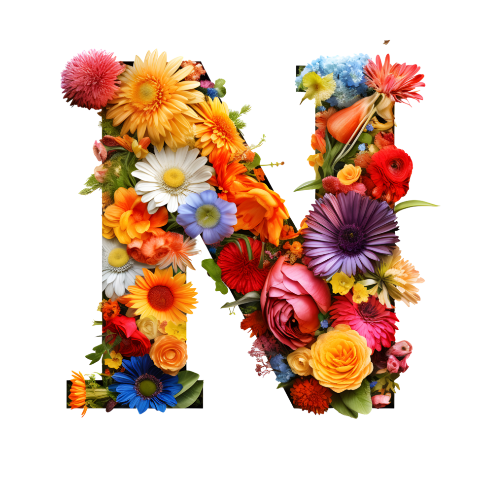 alphabet N made of flowers, Set of flower flora font, generated png