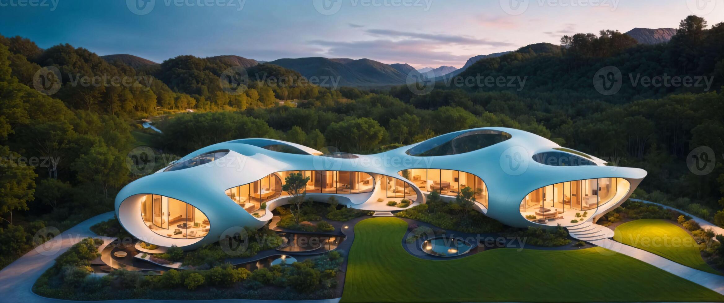 Landscape of a sci-fi futuristic architecture style village in nature, at dusk, surrounded by lush deciduous vegetation - Illustration photo