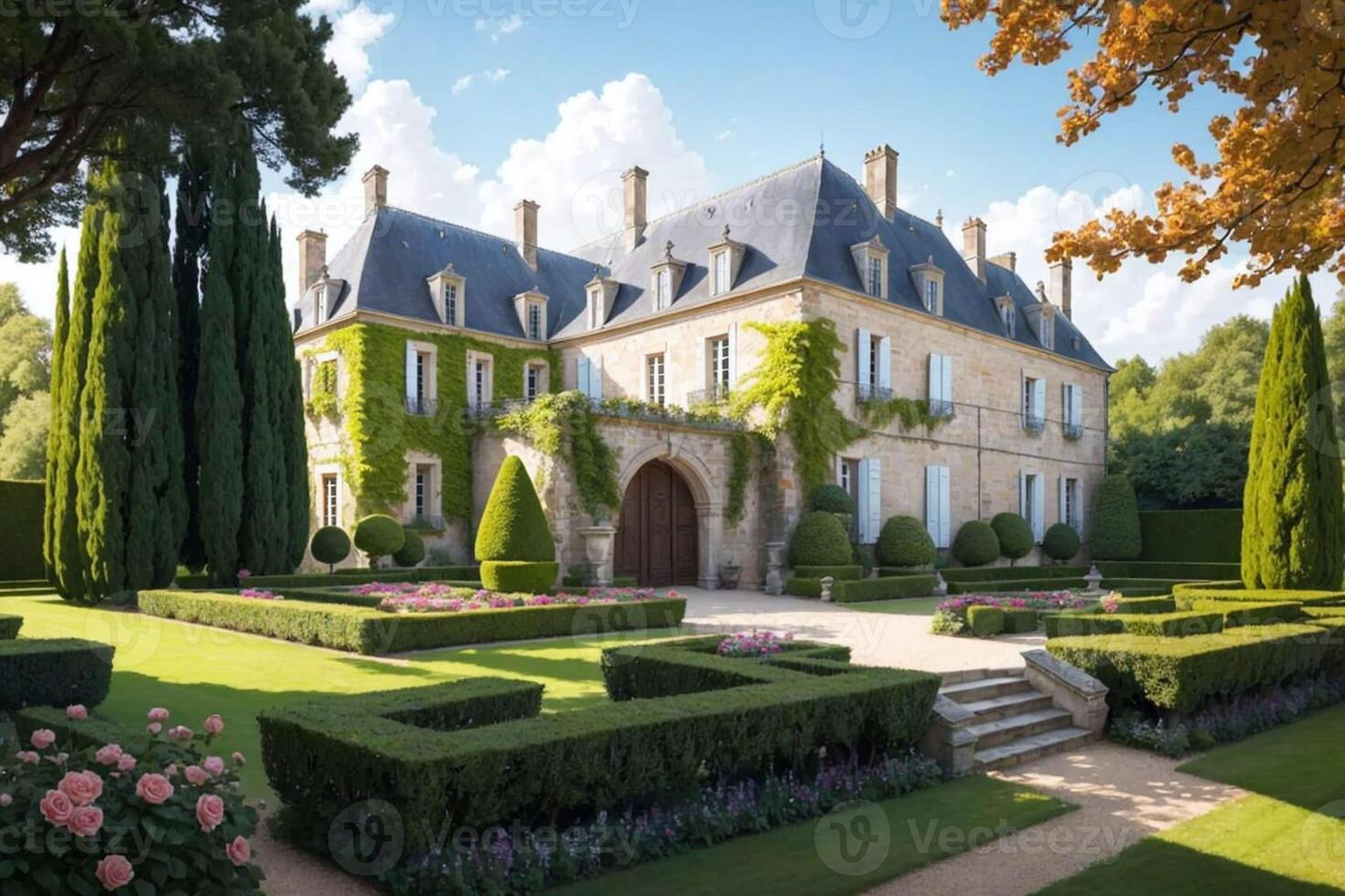 ilustración de un Renacimiento arquitectura estilo francés castillo en un francés jardín en un hermosa verano día - generativo ai foto