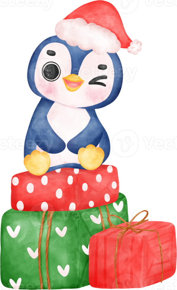 Cute adorable baby joyful penguin sits on christmas present gift box cartoon character watercolor hand drawing png