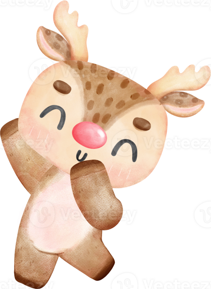 Cute baby reindeer character with various joyful expressions and different poses cartoon watercolour hand painting png
