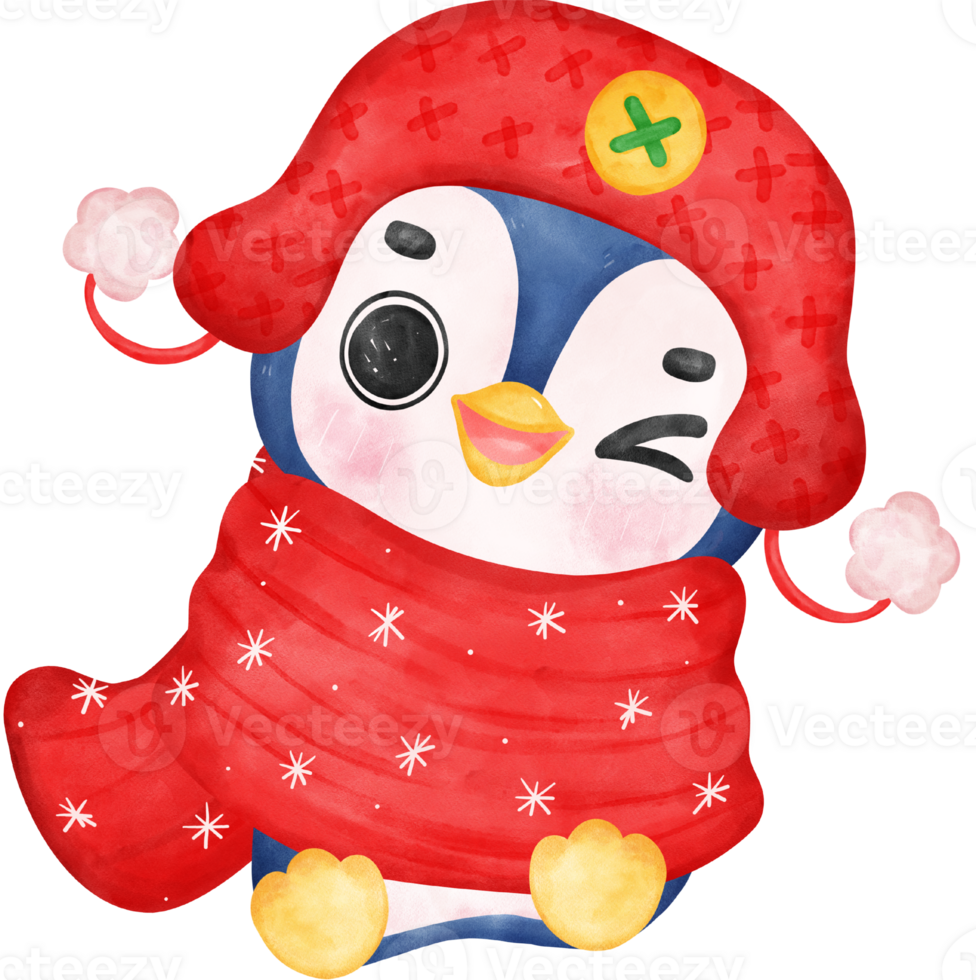 Cute happy joyful Christmas penguin in cozy sweater and scarf cartoon character watercolor hand drawing png