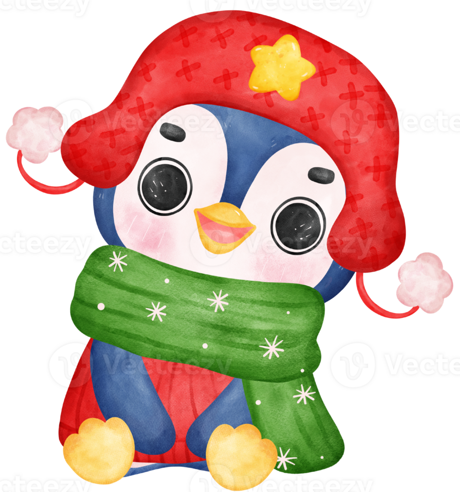 Cute happy joyful Christmas penguin in cozy sweater and scarf cartoon character watercolor hand drawing png