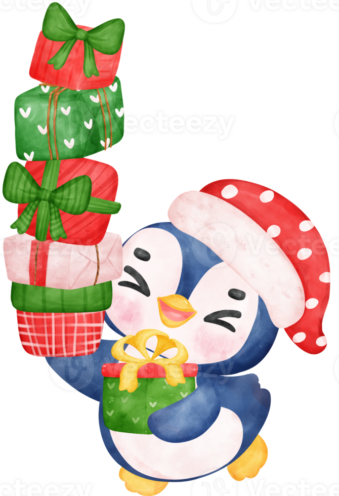 Cute adorable baby joyful penguin holding stack of christmas present
