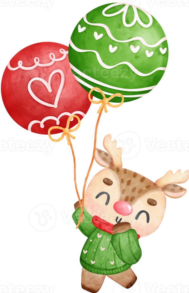 Cute happy Christmas reindeer holding festive balloons cartoon character watercolour hand painting png