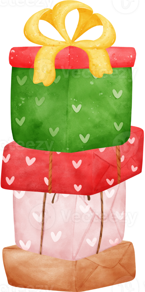 Cute stack of vibrant Christmas present papercraft box watercolor cartoon hand drawing png