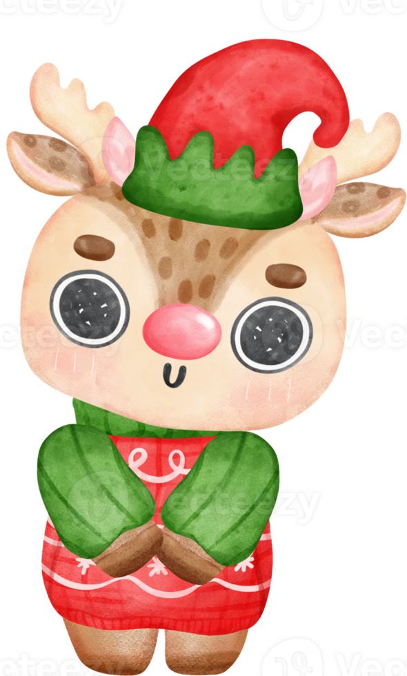 Cute and friendly Santa helper reindeer Christmas wearing elf hat cartoon character watercolour hand painting png