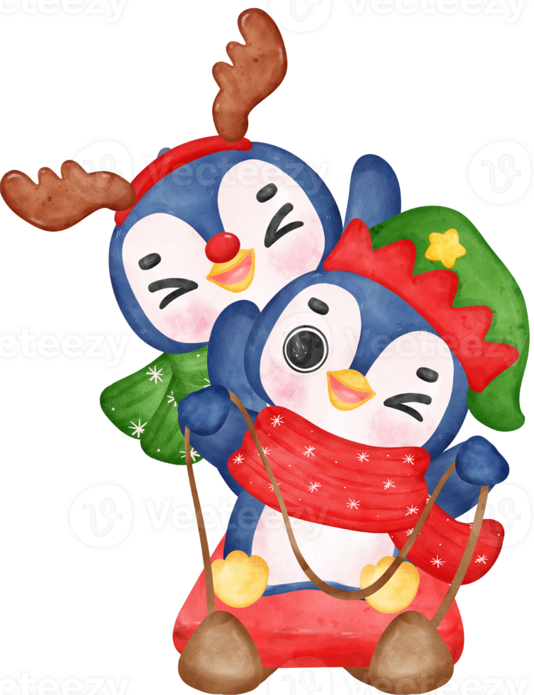 Cute happy joyful Christmas penguin and friend on sled cartoon character watercolor hand drawing png