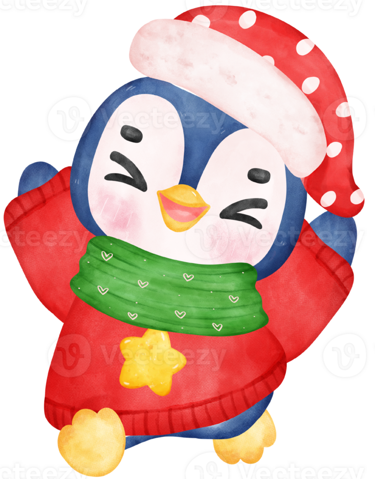 Cute happy joyful Christmas penguin in cozy sweater and scarf cartoon character watercolor hand drawing png