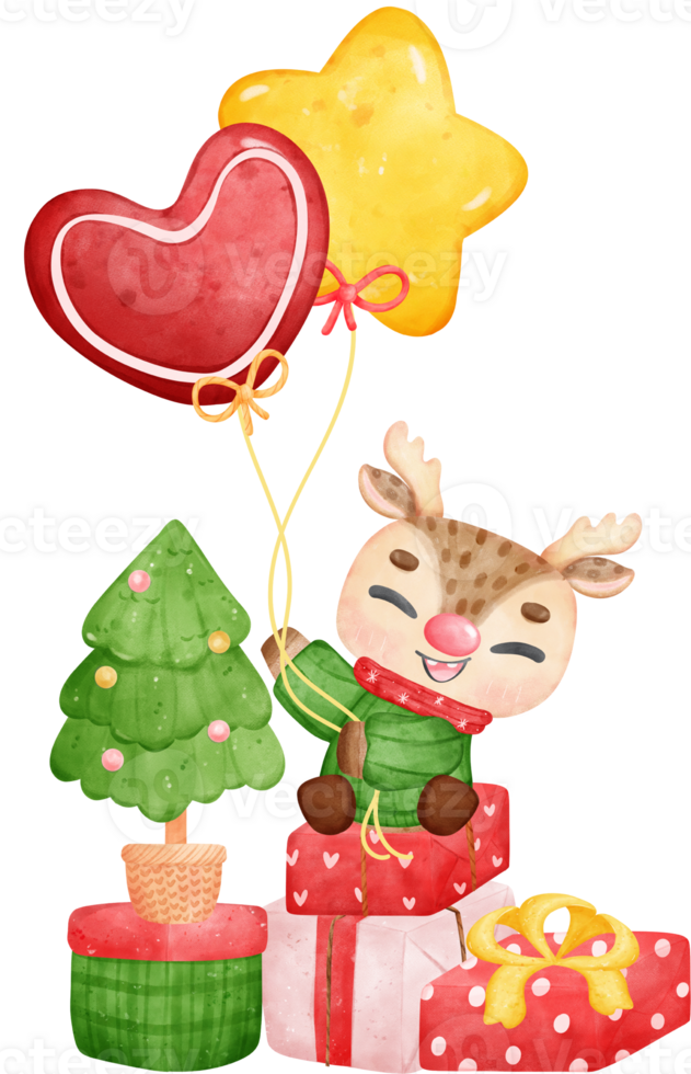 Cute joyfull christmas reindeer on stack gift boxes cartoon watercolor png