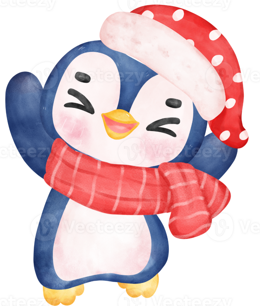 Cute happy joyful Christmas penguin in cozy sweater and scarf cartoon character watercolor hand drawing png
