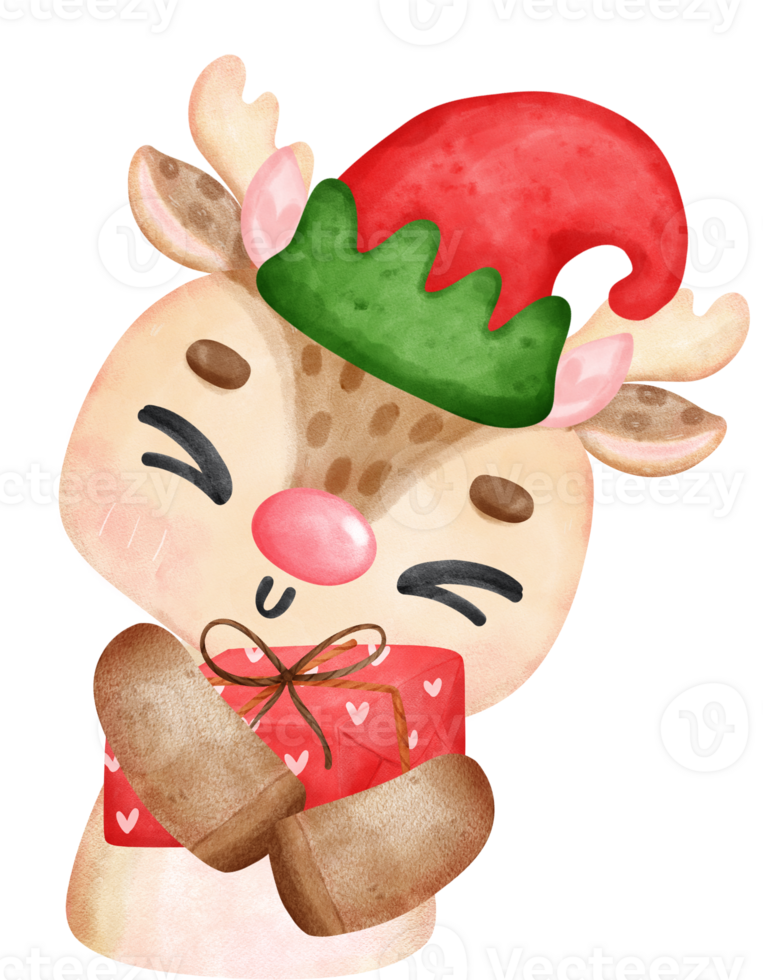 Cute and friendly Santa helper reindeer Christmas wearing elf hat cartoon character watercolour hand painting png