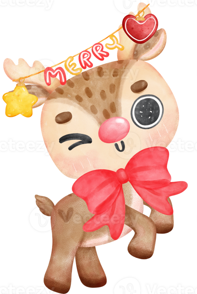 Cute and friendly reindeer Christmas with decoration on antlers cartoon character watercolour hand painting png