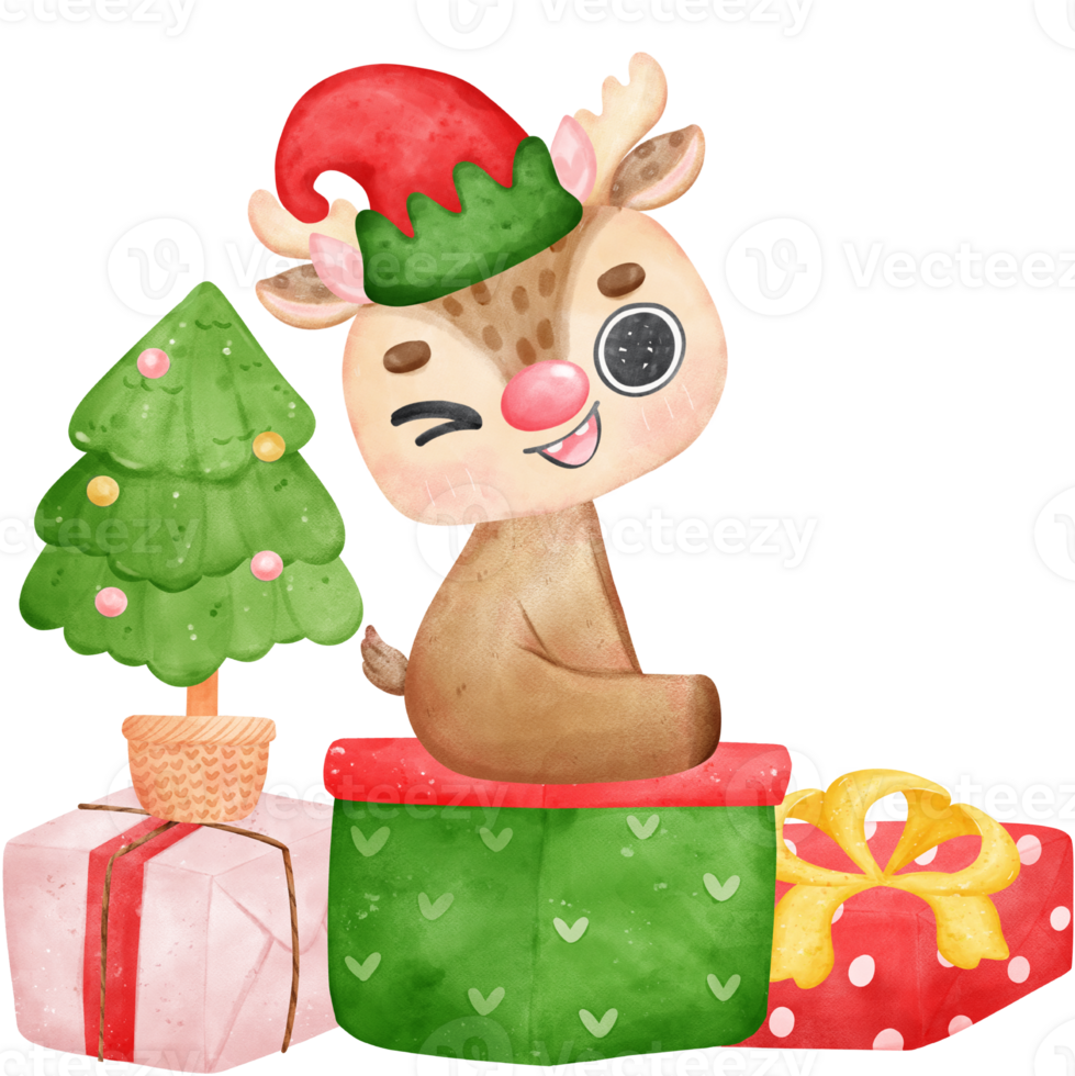 Cute joyfull christmas reindeer on stack gift boxes cartoon watercolor png